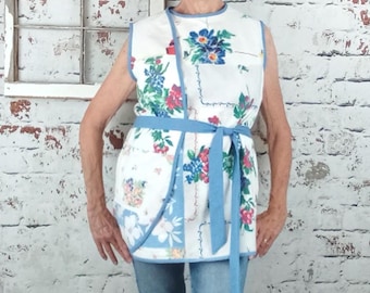 Camisa hecha con mantel reciclado, estilo vintage, talla LG para mujer, moda de los años 60.
