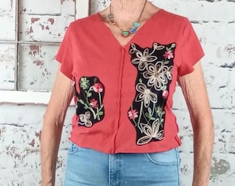 Upcycled t-shirt with floral applique, boho rustic clothing, cropped tee,ladies SM/Med