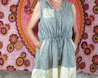 Jersey reciclado con encaje vintage y mantel / Túnica bohemia para festivales / Vestido de mujer único hecho a mano l LG/1X