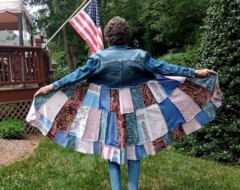 Chaqueta vaquera larga, chaqueta vaquera reciclada, estilo boho, talla S/M