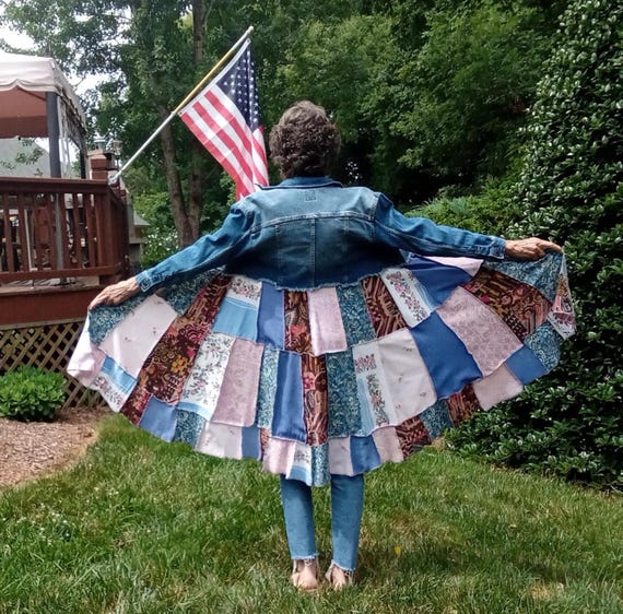 Long denim duster, upcycled jean jacket, boho style, SM/Med,