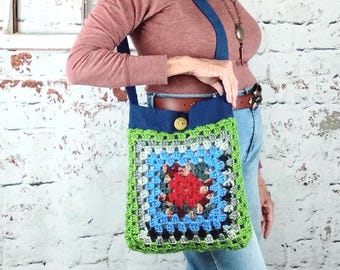 Upcycled afghan purse, boho crochet shoulder bag, handmade