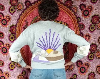 Upcycled quilted mountain scene sweatshirt, boho cozy top, reworked vintage quilt