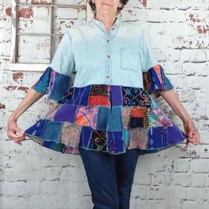 Denim and quilt shirt, ladies patchwork clothing, shabby chic, LG-XL