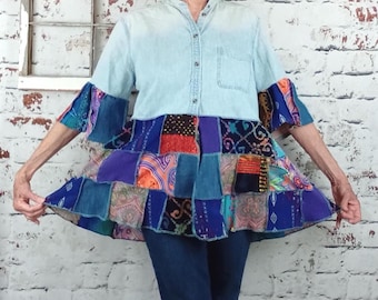 Camisa vaquera y acolchada, ropa de patchwork para mujer, estilo shabby chic, tallas LG-XL