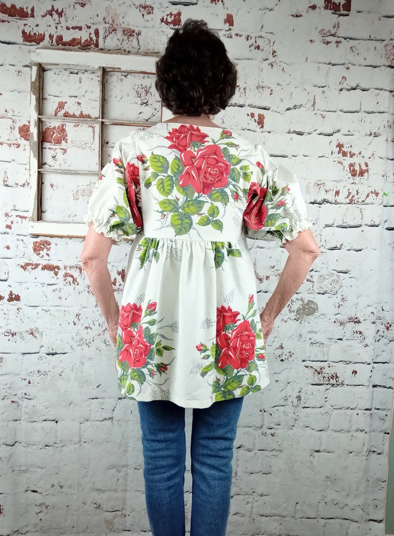 Upcycled Tablecloth Shirt, Ladies Top With Roses, Repurposed Clothing ...
