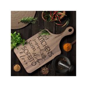 This Kitchen&#39;s Seasoned with Sazón Adobo Sofrito & Love® Cutting Board, Engraved Kitchen Gift, Chopping Board, Charcuterie Board with Handle