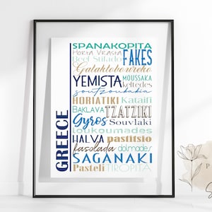 Griechenland Food Sign Poster | Traditionelle Griechische Gerichte | Mehrere Größen und Farben | Ungerahmt matt Papierdruck