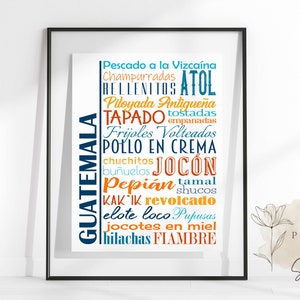 Guatemala Food Sign Poster | Traditional Guatemalan Dishes | Multiple Sizes and Colors | Unframed Matte Paper Print