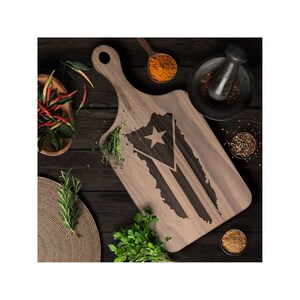 Puerto Rico or Cuban Cutting Board, Engraved Kitchen Gifts, Chopping Board, Charcuterie Board with Handle, Maple or Walnut Boards
