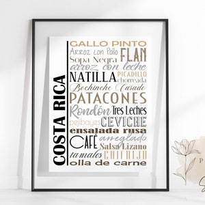 Costa Rica Lebensmittel-Zeichen Poster | Traditionelle Gerichte aus Costa Rica | Mehrere Größen und Farben | Ungerahmt matt Papierdruck
