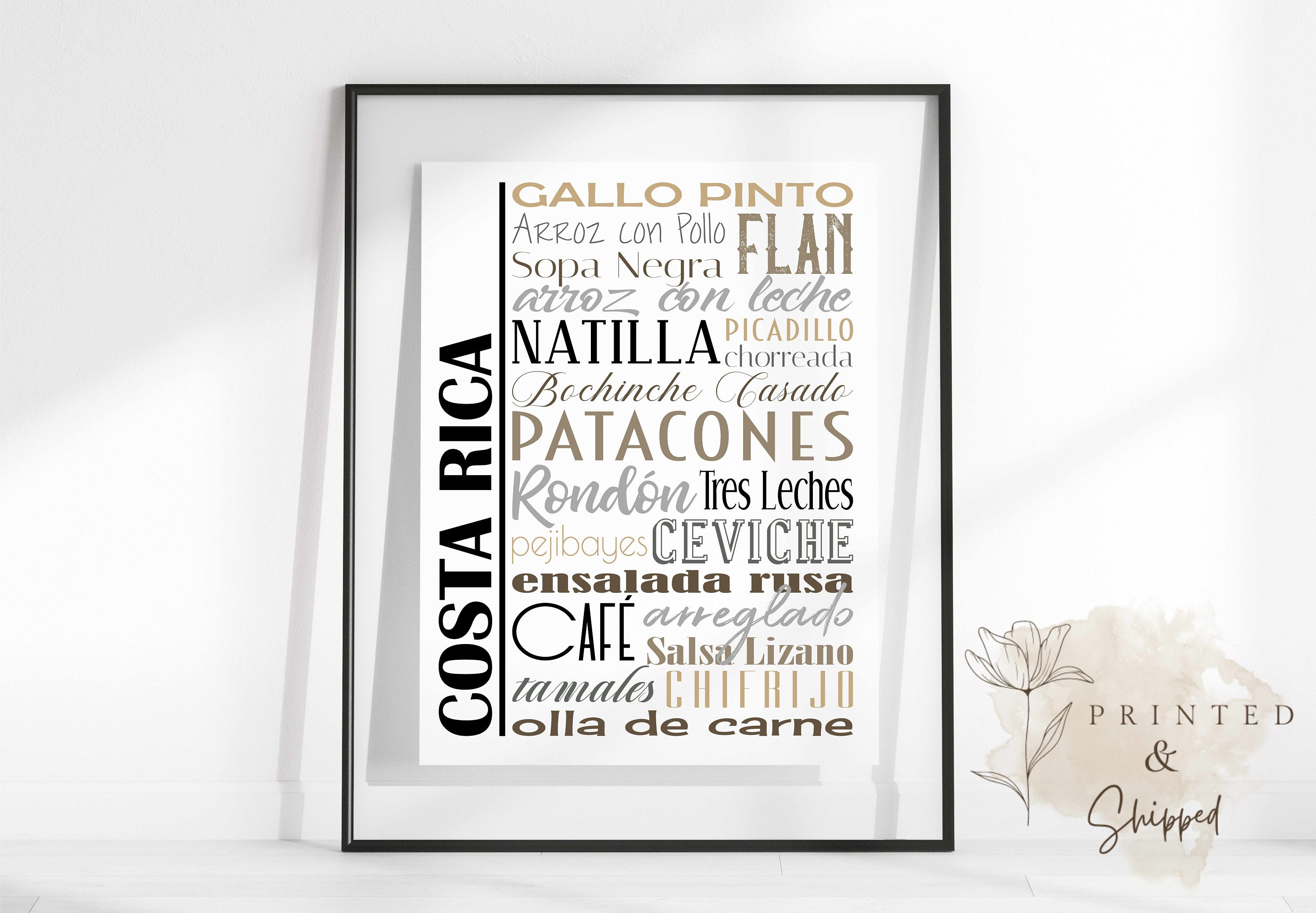 Costa Rica Food Sign Poster, Traditional Costa Rican Dishes, Multiple Sizes and Colors, Unframed Matte Paper Print, Food Art