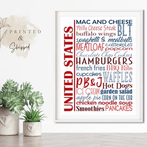 Póster de comida de EE. UU. / Platos tradicionales estadounidenses / Varios tamaños y colores / Impresión en papel mate sin marco