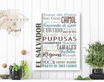 El Salvador Food Sign Canvas, Traditional Salvadoran Dishes, Food Art, Gift for Mom, Dining-Room Art