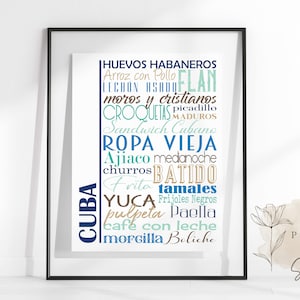 Kuba Food-Zeichen Poster | Traditionelle kubanische Gerichte | Mehrere Größen und Farben | Ungerahmt matt Papierdruck