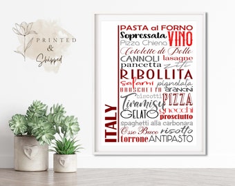Italy Food Sign Poster | Traditional Italian Dishes | Multiple Sizes and Colors | Unframed Matte Paper Print