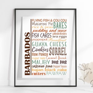 Barbados Food-Zeichen Poster | Traditionelle Bajan-Gerichte | Mehrere Größen und Farben | Ungerahmt matt Papierdruck