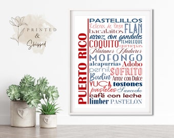 Puerto Rico Food Sign Poster, Traditional Puerto Rican Dishes, Multiple Sizes and Colors, Unframed Matte Paper Print, Food Art