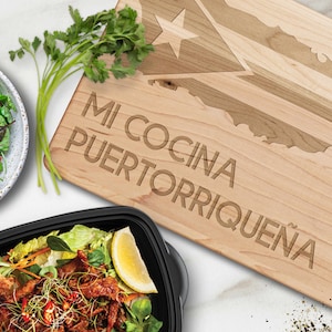 Mi Cocina Puertorriqueña Laser Engraved Maple Cutting Board, Puerto Rico Island Silhouette Flag, Multiple Sizes