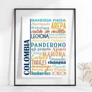 Colombian Food Sign Poster | Traditional Colombian Dishes | Multiple Sizes and Colors | Unframed Matte Paper Print