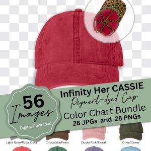Puede incluir: Gorra de béisbol roja teñida con pigmentos con visera curva. La imagen incluye un paquete de tabla de colores con 28 JPG y 28 PNG. El texto de la imagen dice "Infinity Her Cassie Pigment-dyed Cap".