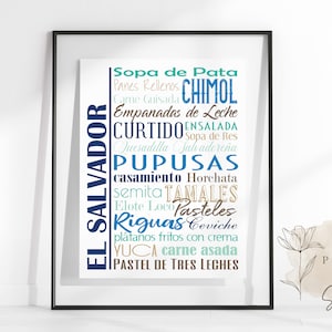 Cartaz de placa de comida de El Salvador | Pratos tradicionais salvadorenhos | Vários tamanhos e cores | Impressão em papel fosco sem moldura