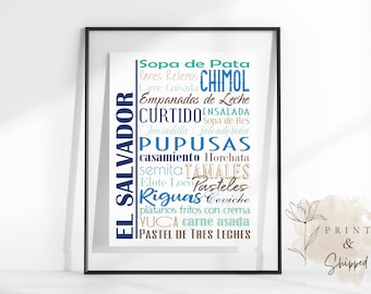 El Salvador Food Sign Poster, Traditional Salvadoran Dishes, Multiple Sizes and Colors, Unframed Matte Paper Print, Food Art