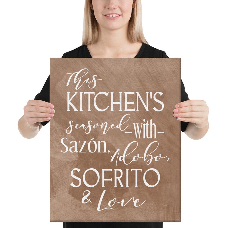 MaSiledy Wood Sign This Kitchen is Seasoned with Sazon Adobo Sofrito & Love La Cocina The Kitchen Spanish Puerto Rican Kitchen Wall Decor Hanging Sign 8x12 Inch (Grey