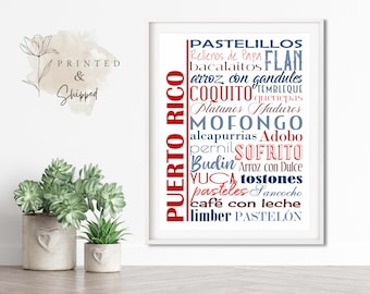 Puerto Rico Food Sign Poster, Traditional Puerto Rican Dishes, Multiple Sizes and Colors, Unframed Matte Paper Print, Food Art