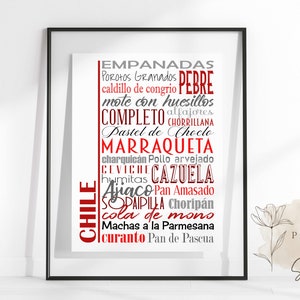 Chile Food Sign Poster, Traditional Chilean Dishes, Multiple Sizes and Colors, Unframed Matte Paper Print, Food Art