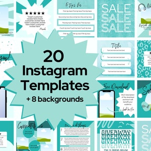 20 Teal Templates For Instagram, Small Business Social Media Templates, Branding Bundle, Canva Template, Editable Instagram Post, Turquoise