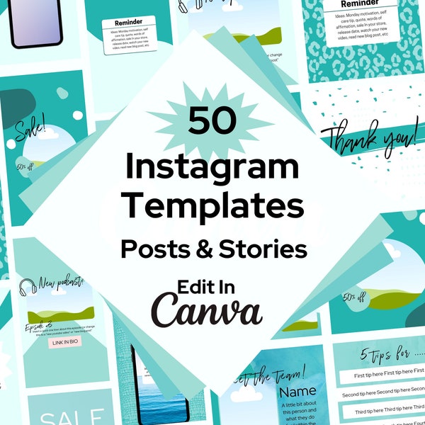 50 Teal Templates For Instagram, Small Business Social Media Templates, Branding Bundle, Canva Template, Editable Instagram Post, Turquoise