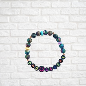 Bad A**ery beaded bracelet, dark humor, funny bracelet, sarcastic jewelry, humor bracelet, stress relief gift, adult humor gift, smiley face