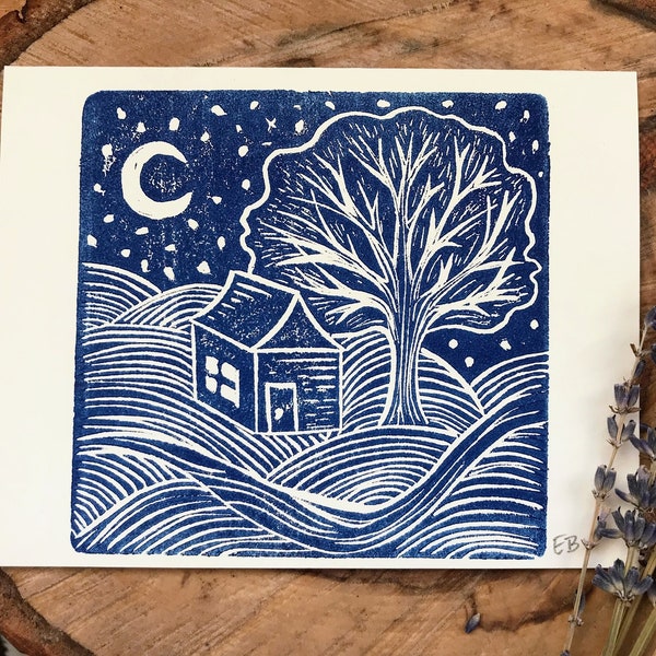 Cozy Cabin, Linocut Print Greeting Card