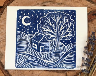 Cozy Cabin, Linocut Print Greeting Card