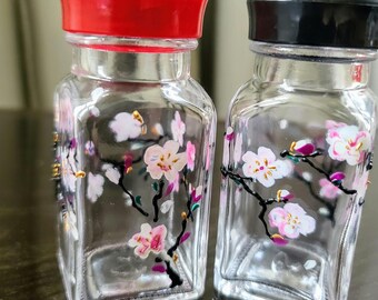 Hand Painted Cherry Blossom Salt and Pepper Shakers, Glass Kitchenware