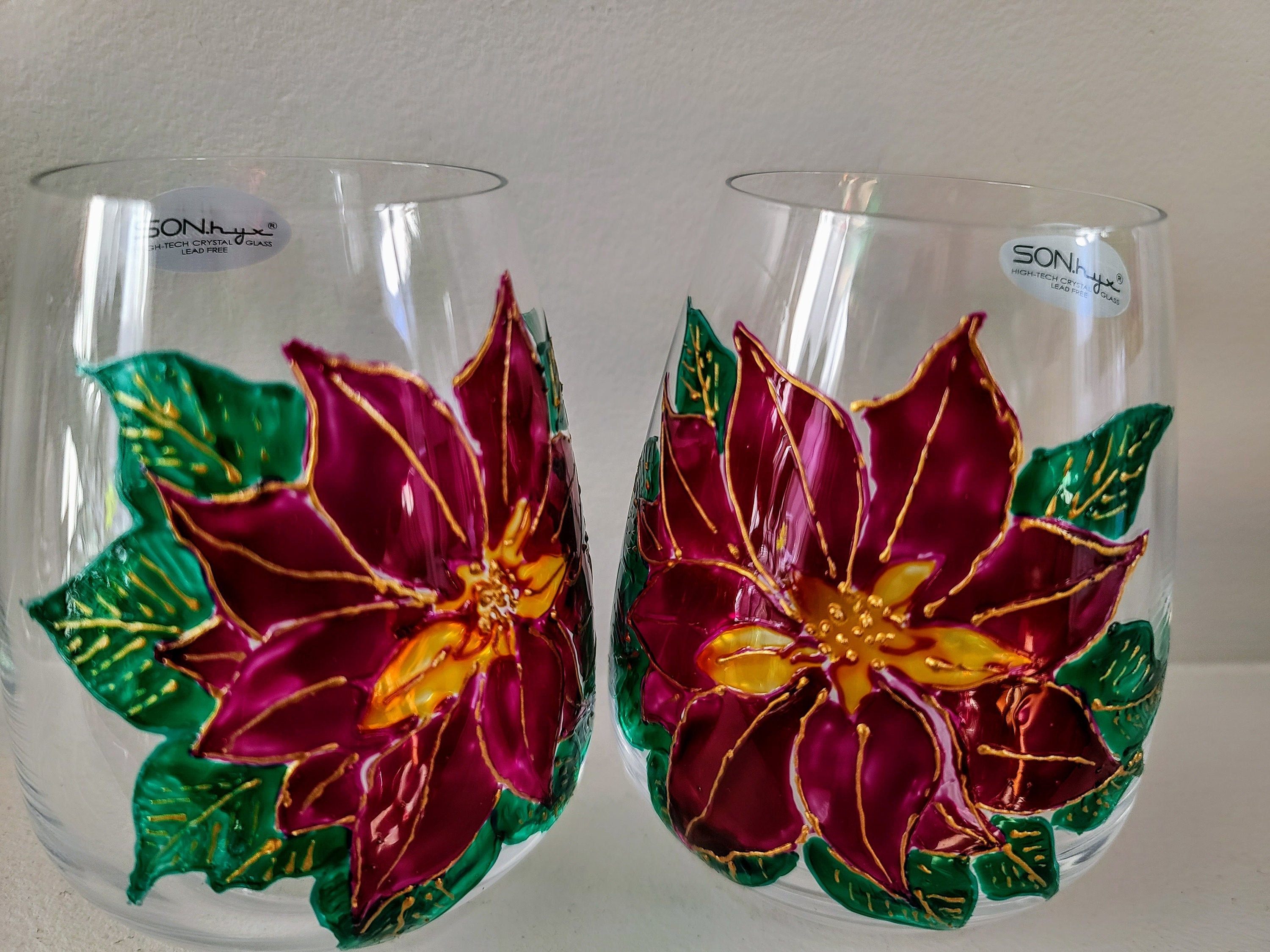 Poinsettia ,stemless Wine Glasses, Set of 2, Hand Painted, Chrystal
