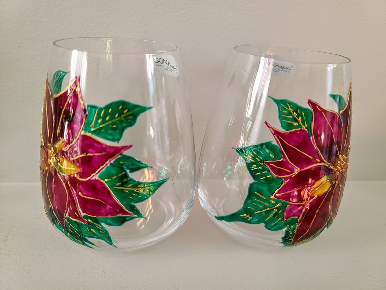 Poinsettia stemless Wine Glasses Set of 2 Hand Painted Etsy Canada