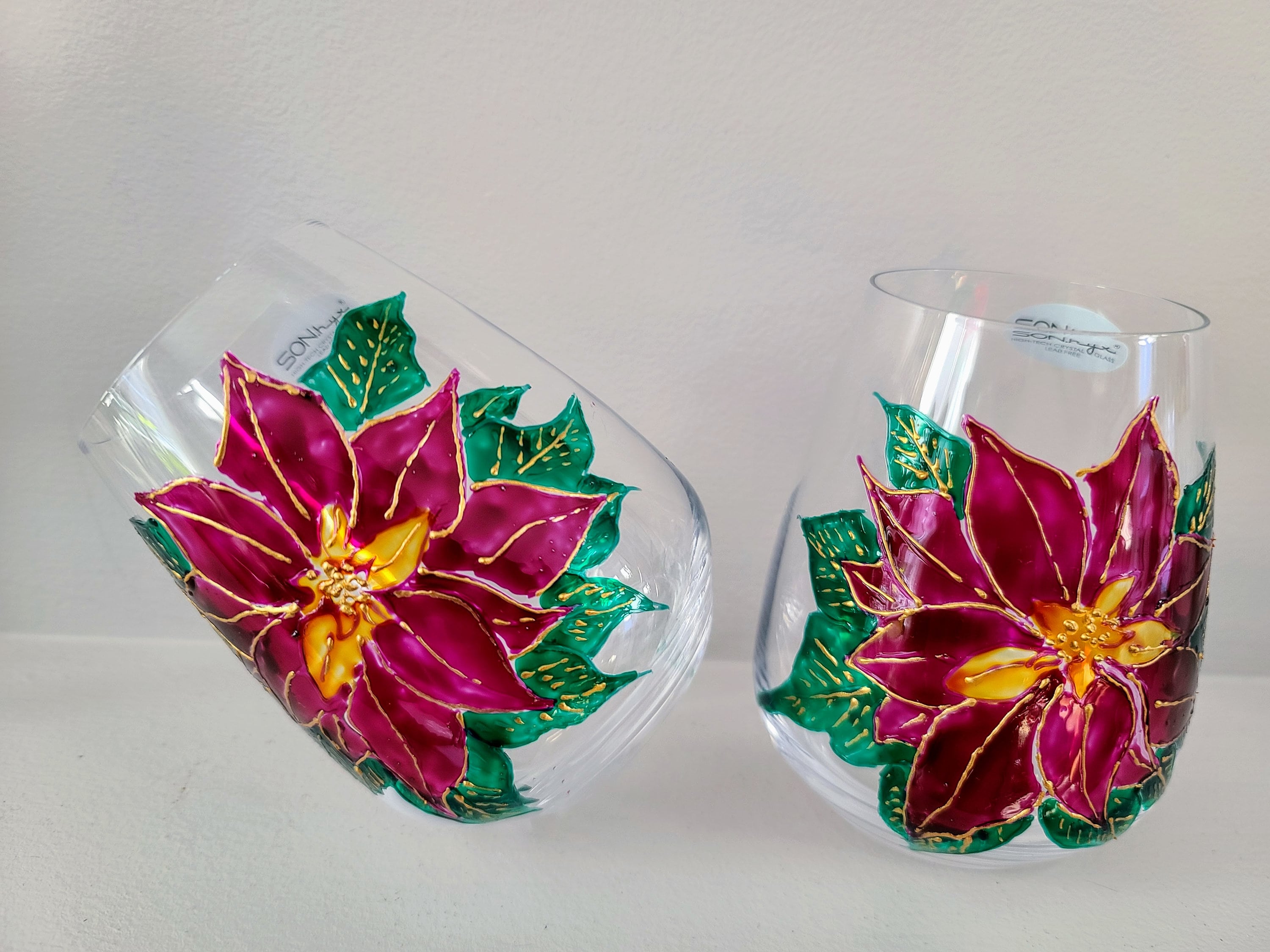 Poinsettia ,stemless Wine Glasses, Set of 2, Hand Painted, Chrystal