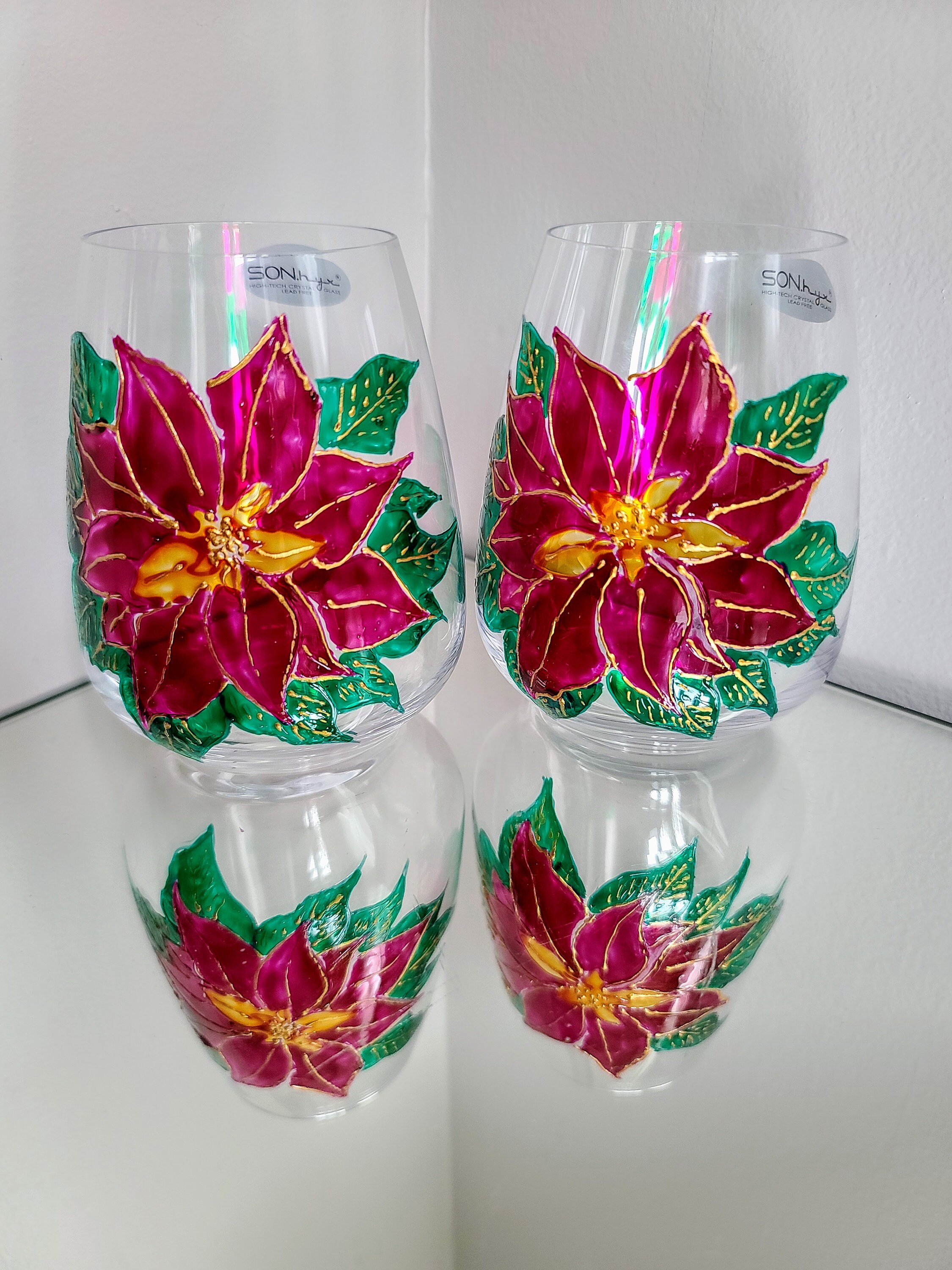 Poinsettia ,stemless Wine Glasses, Set of 2, Hand Painted, Chrystal