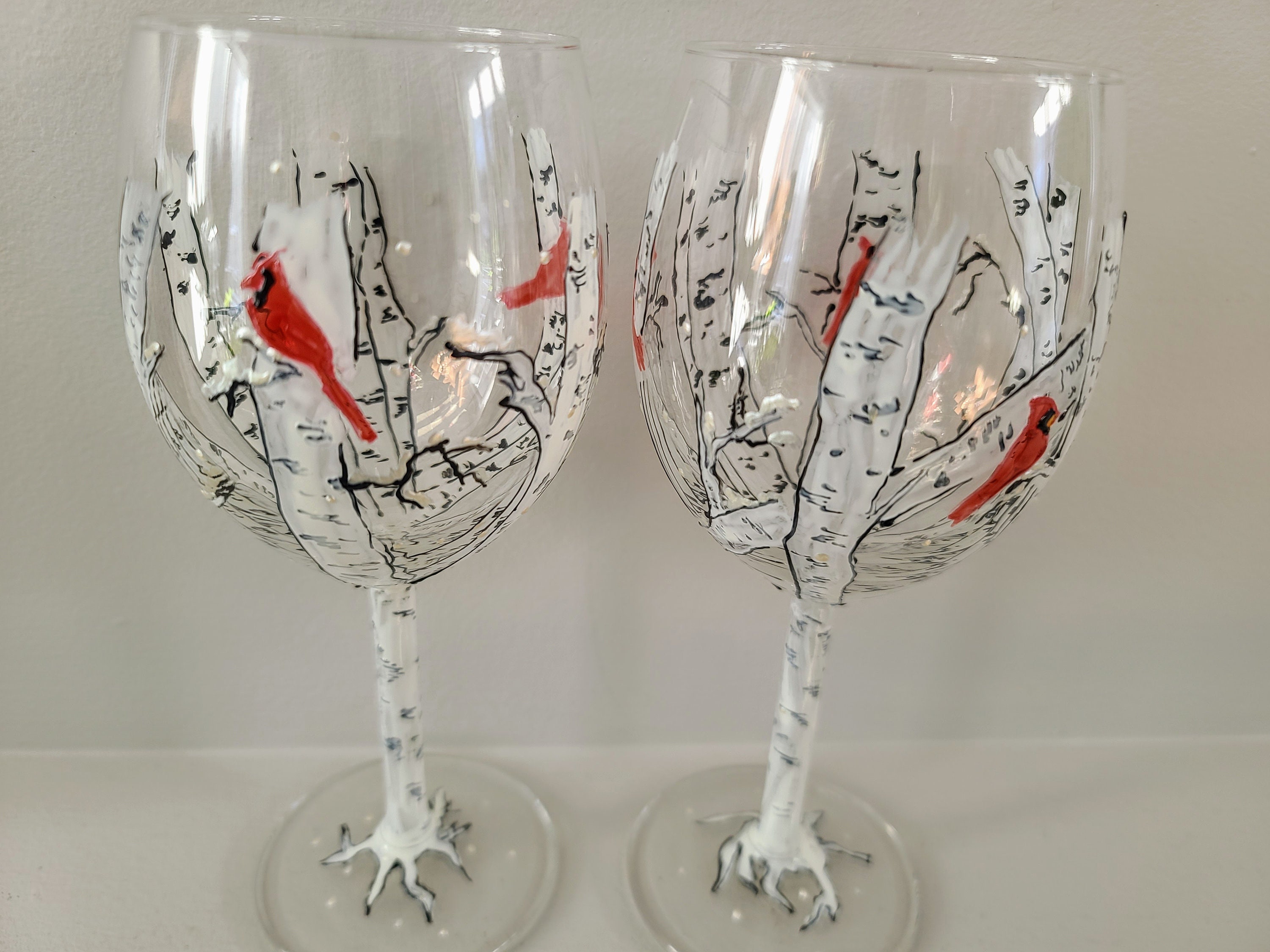  Hand Painted Martini Glasses - Winter Snow with Red Cardinal  (Set of 2) : Handmade Products