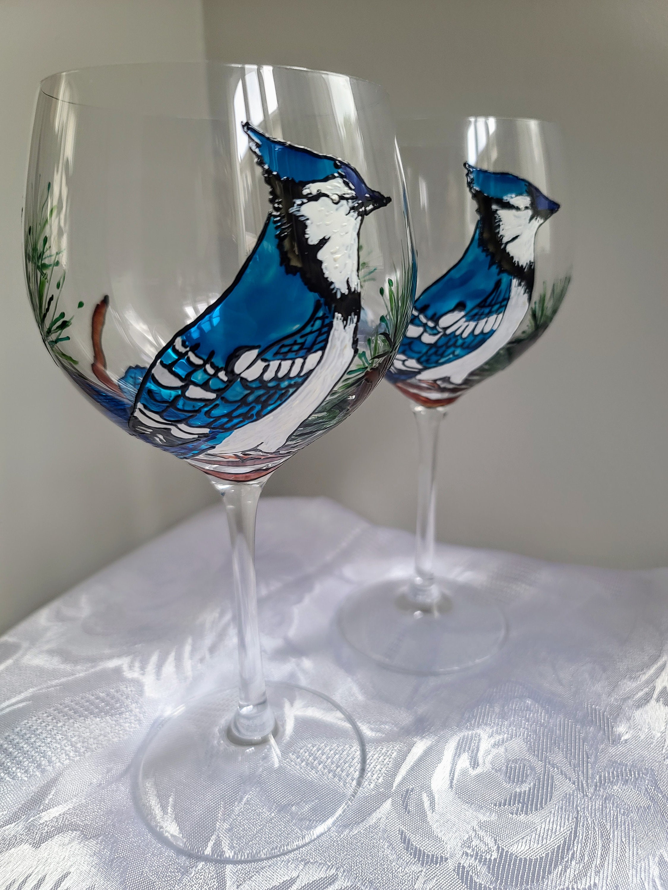 Hand Painted Blue Jay on a Crystal Wine Glasses ,set of 2 ,drink