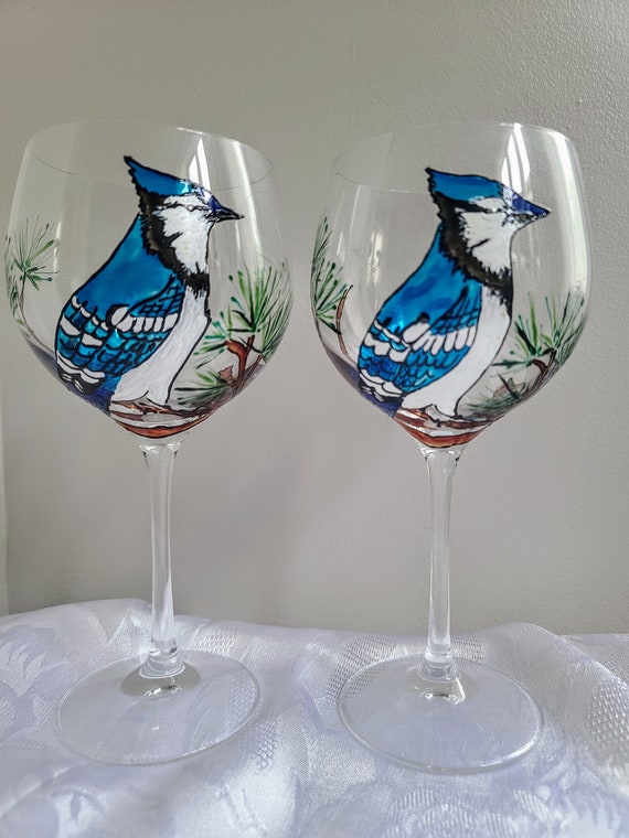 Hand Painted Blue Jay on a Crystal Wine Glasses ,set of 2 ,drink