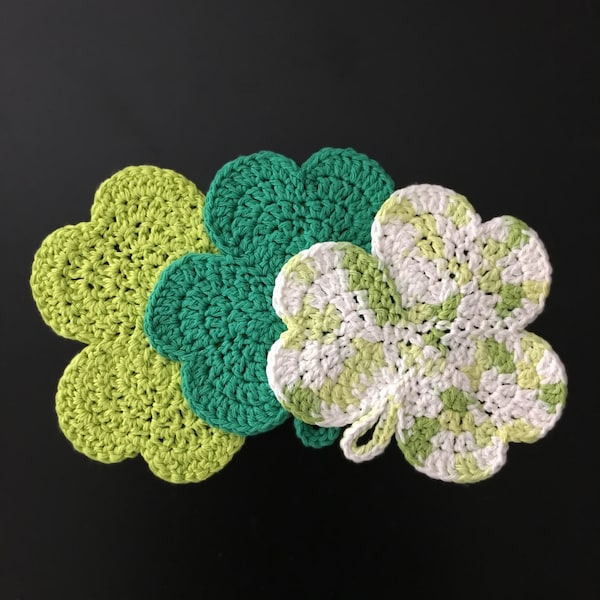 Crochet Shamrock Potholder, Handmade Cotton Dishcloth, Hot Pad, Set of 3, Multicolor, St Patrick's Day Home Decor, Gifts Under 30