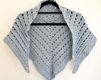 Dusty Blue Crochet Cotton Shawl, Handmade Triangle Scarf, Textured Wrap, One Available, Unique Item, Limited Supply