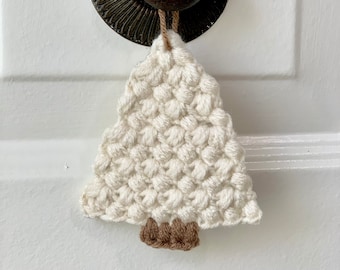 Crochet Mini Christmas Tree Ornament, Rustic Farmhouse Home Decor, Cream/Brown, Handmade Decoration, Limited Supply, Gifts Under 30