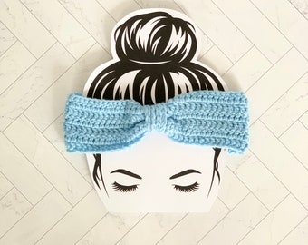 Crochet Knotted Headband, Sky Blue, Handmade Ear Warmer With Bow, Teen/Adult, Limited Supply