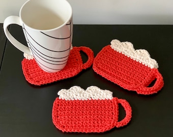 Posavasos de ganchillo para tazas de cacao: algodón rojo y blanco, juego de 4