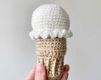Vanilla Ice Cream Cone Amigurumi, Crochet Play Food, Handmade Pretend Food, Dessert Plushie