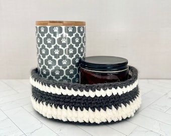 Handmade Crochet Basket, Charcoal and Cream, Neutral Colors, Wool Home Decor, One Available, Unique Item